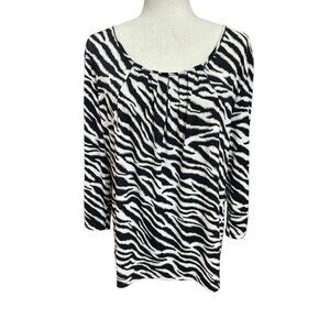 Chico's Top Size 3 XL Black White Zebra Animal Print 3/4 Sleeve Metallic Silver